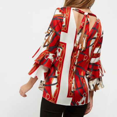 Red scarf print double bell sleeve top